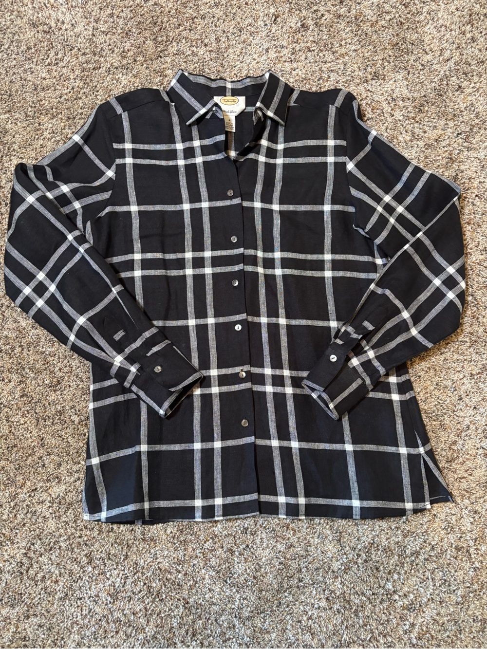 284. Talbots Black and White Plaid Irish Linen Button-Up Shirt, Size 4